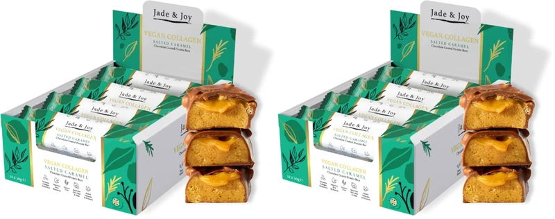 Jade & Joy Collagen Protein Bars, Salted Caramel, 15g Protein, 2.5g Plant Collagen, Hyaluronic Acid, Low Sugar, Low Calories, Gluten Free, Dairy Free, added Vitamins & Minerals, 12x50g (Pack of 2) - Image 1