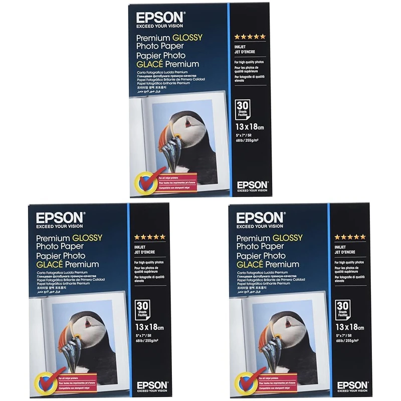 Epson C13S042154 Premium Glossy Photo Paper - Glossy Photo Paper - 13cm x 18cm - 255 g/m2-30 Sheet(s) - White (Pack of 3)