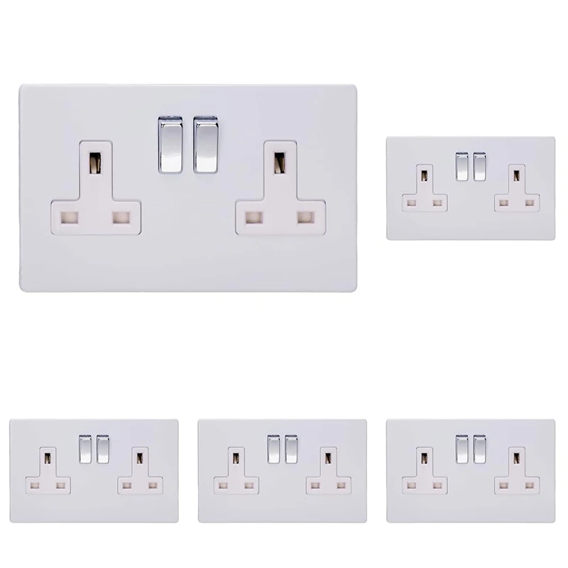 Varilight Primed Ready to Paint Flat Plate Screwless 2 Gang 13 Amp Switched Plug Socket - White Inserts, 86x147x32mm (Pack of 5)