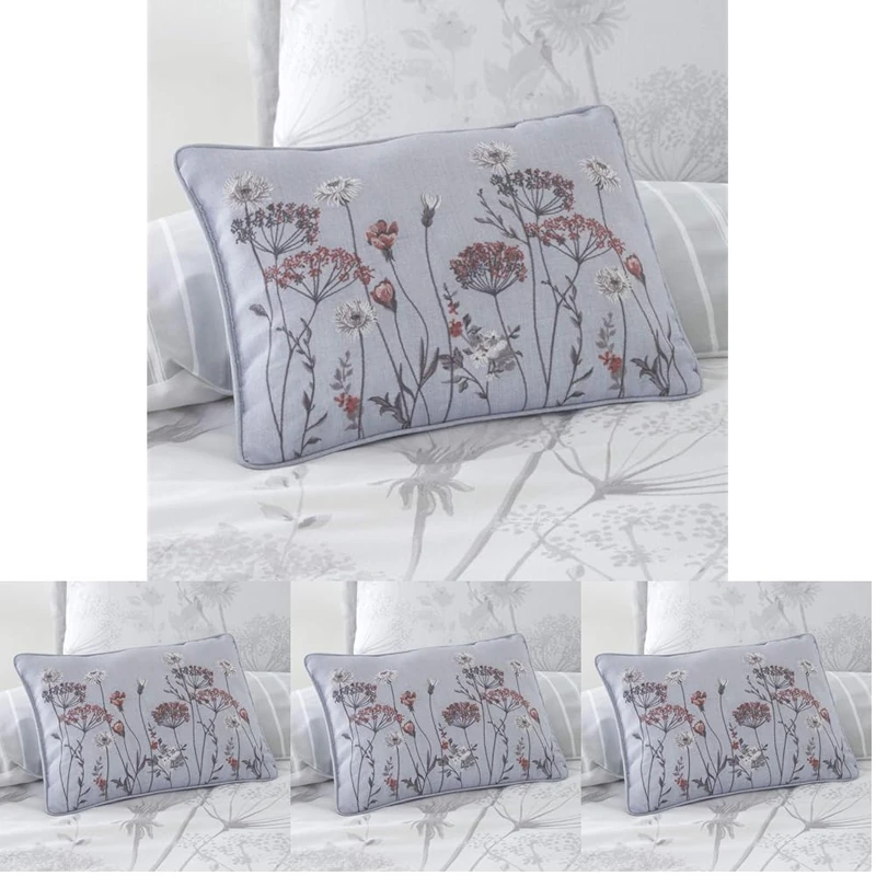 Catherine Lansfield Meadowsweet Floral Embroidered 30x40cm Cushion Grey (Pack of 4)