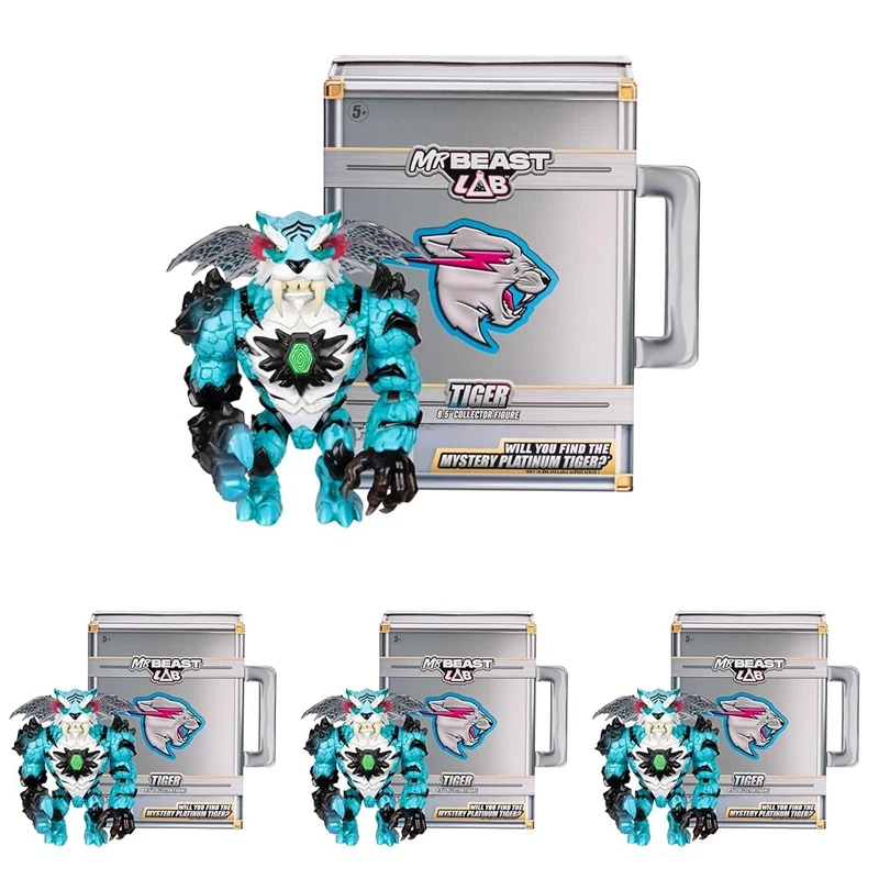 MRBEAST LAB Apex Beast Tiger Collector Figure, Standing At 6.5Inches/15.8cm Tall, With Extreme Detailing, Premium Packaging, 13 Points Of Articulation And Chomp Jaw, 2 To Collect (Pack of 4)