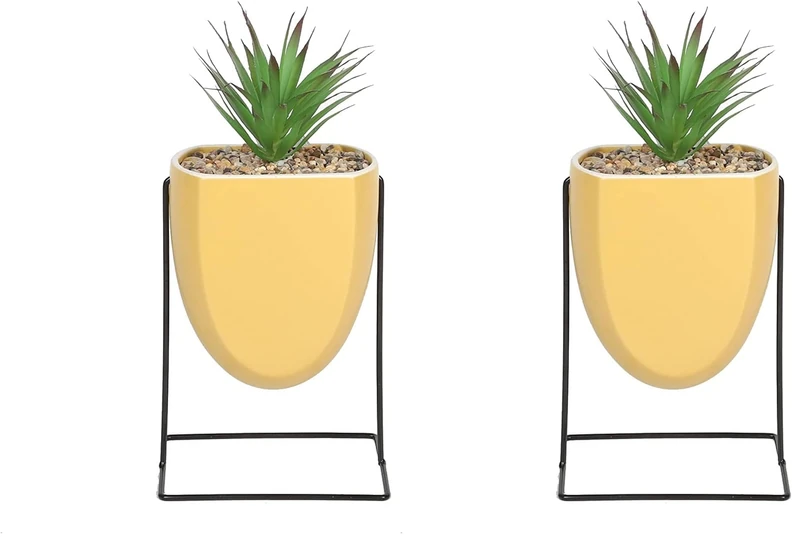 Sleepdown Halo Green Leaf Ochre Stand Artificial Faux Plant for Home Office Bathroom Decor Indoor Decoration Aesthetics, Medium (Pack of 2) - Image 1