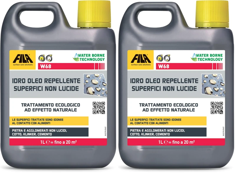 FILA Surface Care Solutions, W68 Transparent Anti-Stain Waterproof Protective for Non-Glossy Surfaces, Leak Proof Effect Water Repellent for Cotto, Natural Stone Protective, 1L (Pack of 2)