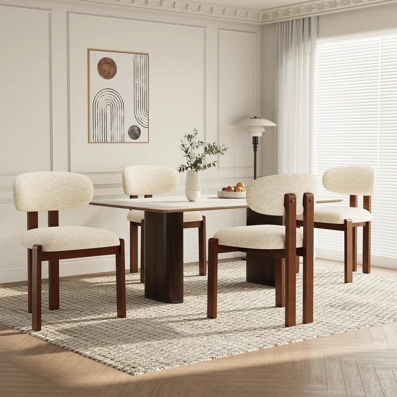 Dining Chairs Set of 4, Upholstered Chenille Dining Room Chairs with Brown Solid Rubber Wood Frame, Soft Cushioned Seat Kitchen Chairs, Modern Nordic Accent Chairs for Dining Room Kitchen,Beige