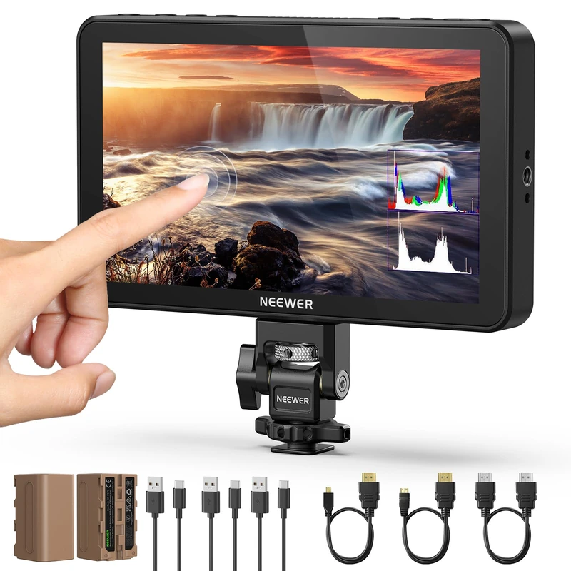 NEEWER F600 7" Camera Field Monitor, 2400nit HD 1920x1080 IPS Touch Screen with 3D LUT, 4K HDMI Loop in/Out with Peak Focus DSLR Video Assist HDR Waveform, Cold Shoe Mount, 2 NP-F750 Batteries & Cable