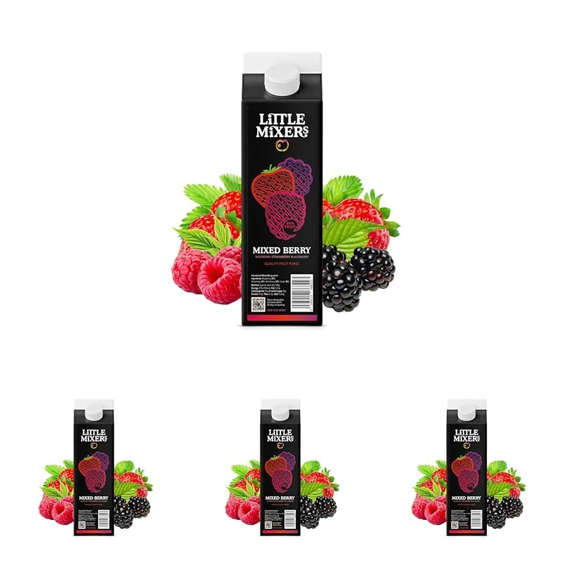 Little Mixers Mixed Berry Purée (1kg) | Real Fruit Purée for Cocktails, Desserts and Baking | Ready-to-Use, Rich Natural Flavour (Pack of 4)