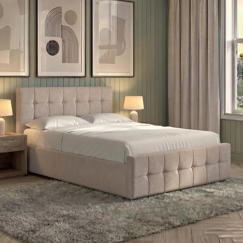 Vida Designs Valentina Ottoman Bed Frames Complete (Beige, Double | With Mattress)