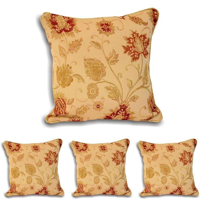 Paoletti Riva Zurich Cushion Cover - Champagne Cream - Decorative Floral Jacquard Design - Piped Edges - Reversible - 100% Polyester - 45 x 45cm (18" x 18" inches) - Designed in the UK (Pack of 4)