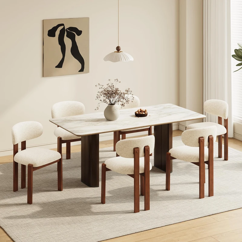 Dining Chairs Set of 6, Upholstered Chenille Dining Room Chairs with Brown Solid Rubber Wood Frame, Soft Cushioned Seat Kitchen Chairs, Modern Nordic Accent Chairs for Dining Room Kitchen,Beige