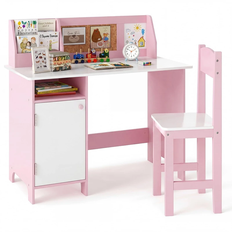 GYMAX Kids Desk and Chair Set, Wooden Children Table with Chair, Storage Space, Marker, Whiteboard & Bulletin Board, Toddler Study Desk Set for 3 Years Old + Boys Girls (White+Pink)