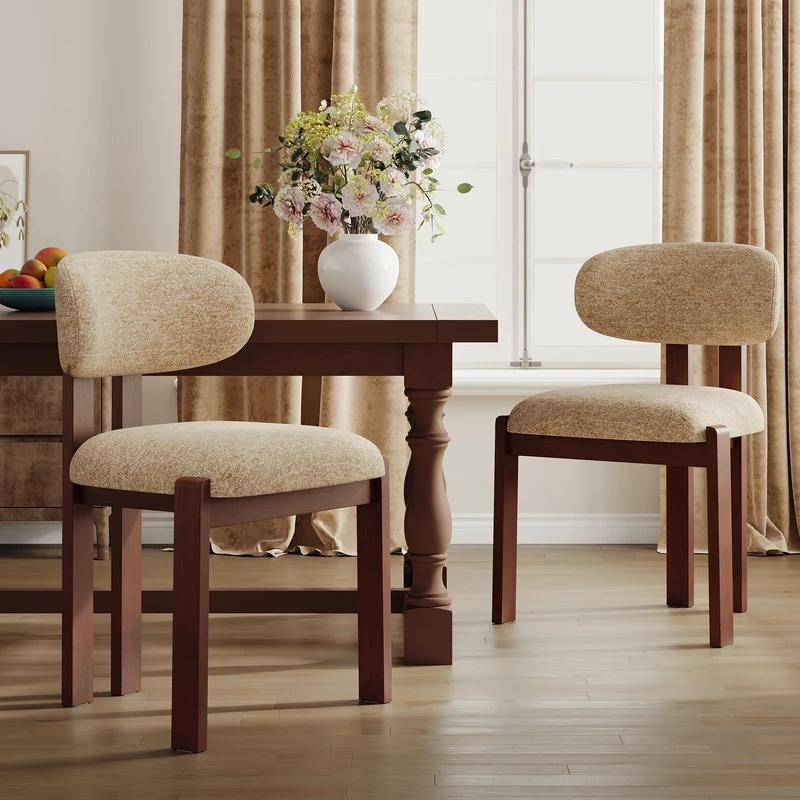 Dining Chairs Set of 2, Upholstered Chenille Dining Room Chairs with Brown Solid Rubber Wood Frame, Soft Cushioned Seat Kitchen Chairs, Modern Nordic Accent Chairs for Dining Room Kitchen,Camel