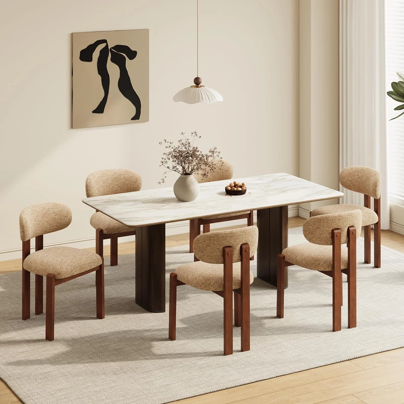 Dining Chairs Set of 6, Upholstered Chenille Dining Room Chairs with Brown Solid Rubber Wood Frame, Soft Cushioned Seat Kitchen Chairs, Modern Nordic Accent Chairs for Dining Room Kitchen,Camel