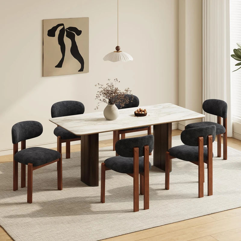 Dining Chairs Set of 6, Upholstered Chenille Dining Room Chairs with Brown Solid Rubber Wood Frame, Soft Cushioned Seat Kitchen Chairs, Modern Nordic Accent Chairs for Dining Room Kitchen,Dark Blue