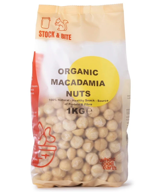 Wholefood Earth Organic Macadamia Nuts 1kg - Premium Whole | Buttery Flavour | Rich in Healthy Fats | Vegan | Stock & Bite