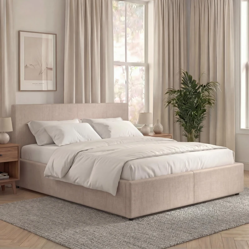 Vida Designs Veronica Double Ottoman Bed, Beige Linen & Gel Memory Foam Bonnell Spring Mattress, Double
