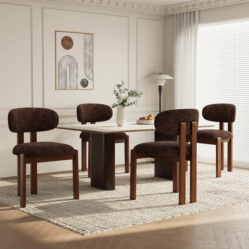 Dining Chairs Set of 4, Upholstered Chenille Dining Room Chairs with Brown Solid Rubber Wood Frame, Soft Cushioned Seat Kitchen Chairs, Modern Nordic Accent Chairs for Dining Room Kitchen,Dark Brown