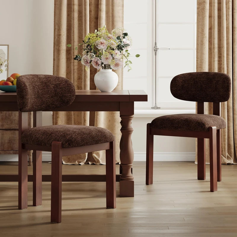 Dining Chairs Set of 2, Upholstered Chenille Dining Room Chairs with Brown Solid Rubber Wood Frame, Soft Cushioned Seat Kitchen Chairs, Modern Nordic Accent Chairs for Dining Room Kitchen,Dark Brown