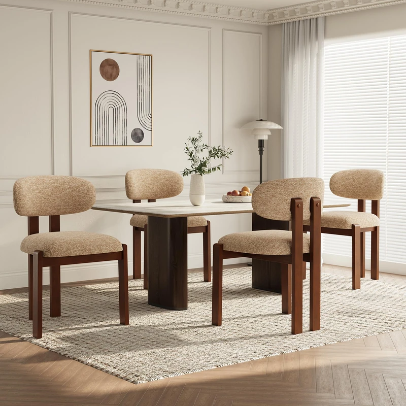 Dining Chairs Set of 4, Upholstered Chenille Dining Room Chairs with Brown Solid Rubber Wood Frame, Soft Cushioned Seat Kitchen Chairs, Modern Nordic Accent Chairs for Dining Room Kitchen,Camel