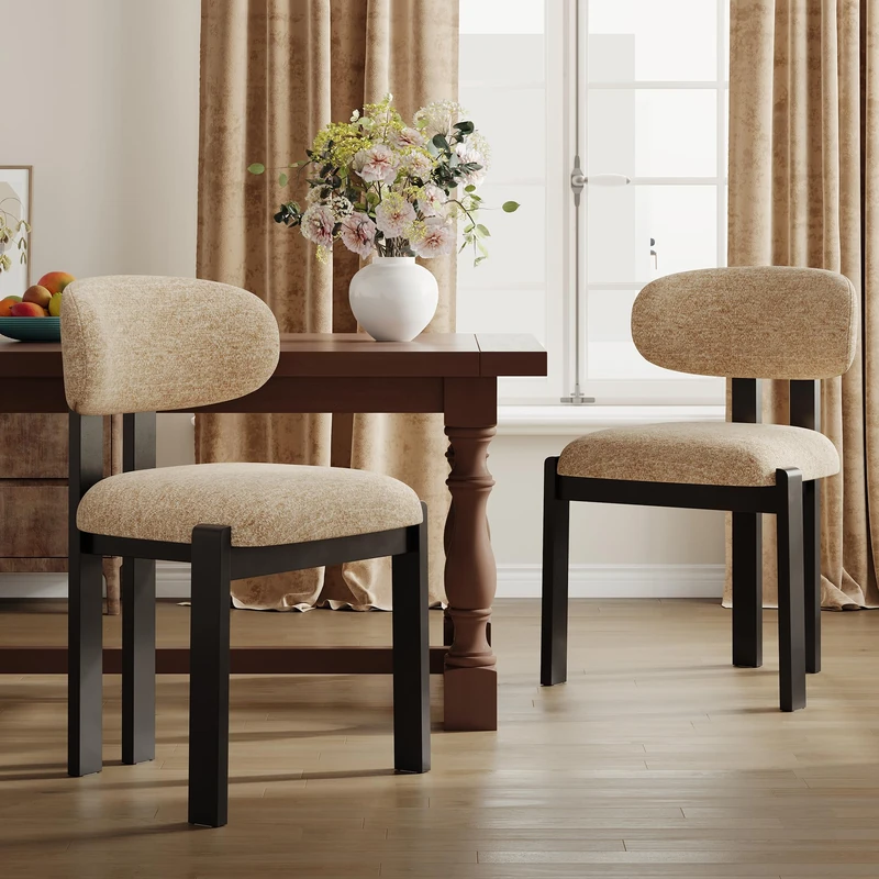Dining Chairs Set of 2, Upholstered Chenille Dining Room Chairs with Black Solid Rubber Wood Frame, Soft Cushioned Seat Kitchen Chairs, Modern Nordic Accent Chairs for Dining Room Kitchen,Camel