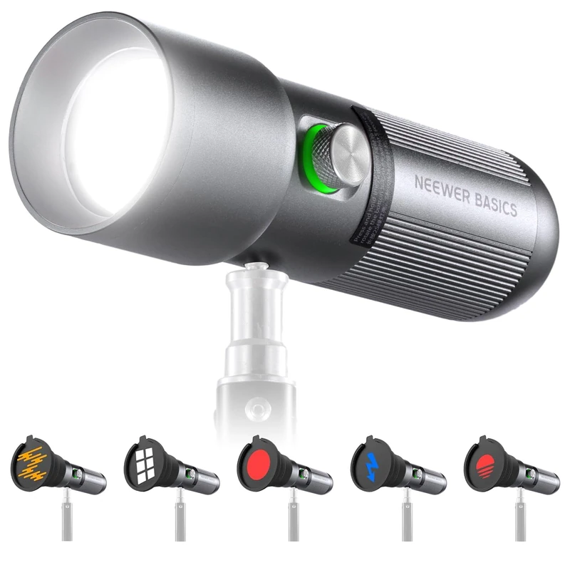 NEEWER BASICS RGB Photography Spotlight, 4 Colors/20 GOBO Filters/CRI95+/7500mAh, 10W 6300K Aluminum Alloy Portable LED Video Light, Patterned Ambient Sunset Lighting for Studio Video Recording, FL10