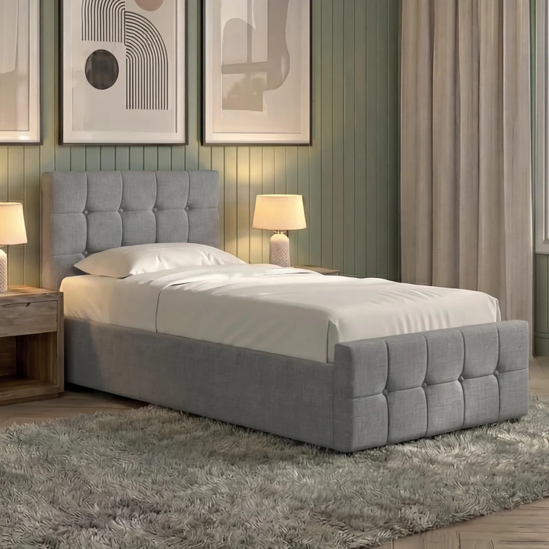 Vida Designs Valentina Ottoman Bed Frames Complete (Light Grey Linen, Single | With Mattress)