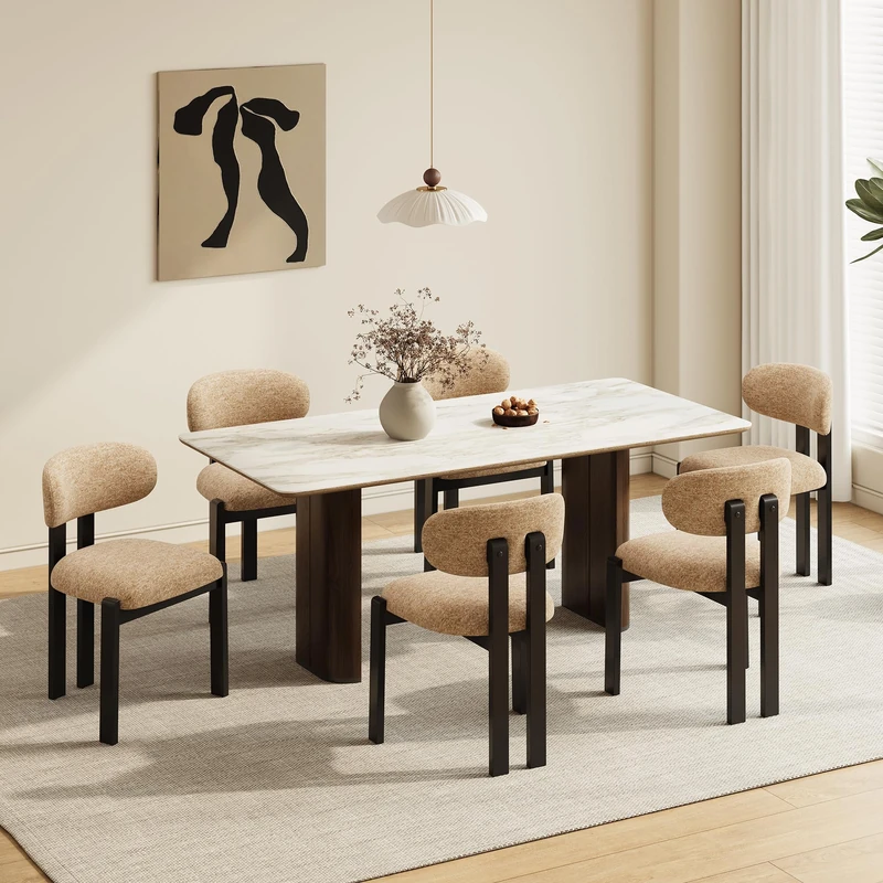 Dining Chairs Set of 6, Upholstered Chenille Dining Room Chairs with Black Solid Rubber Wood Frame, Soft Cushioned Seat Kitchen Chairs, Modern Nordic Accent Chairs for Dining Room Kitchen,Camel