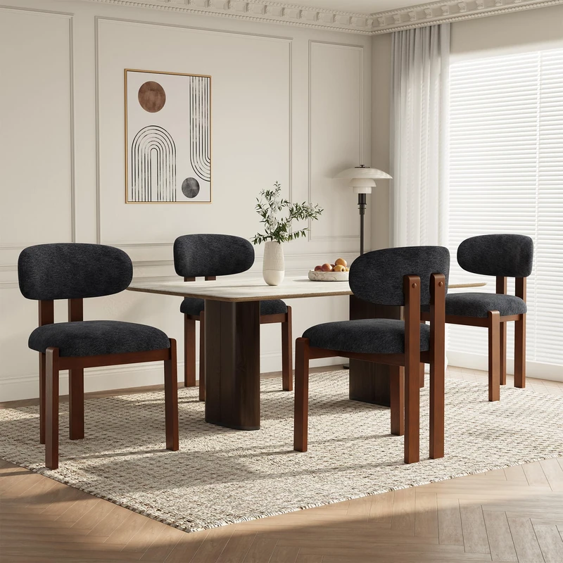 Dining Chairs Set of 4, Upholstered Chenille Dining Room Chairs with Brown Solid Rubber Wood Frame, Soft Cushioned Seat Kitchen Chairs, Modern Nordic Accent Chairs for Dining Room Kitchen,Dark Blue