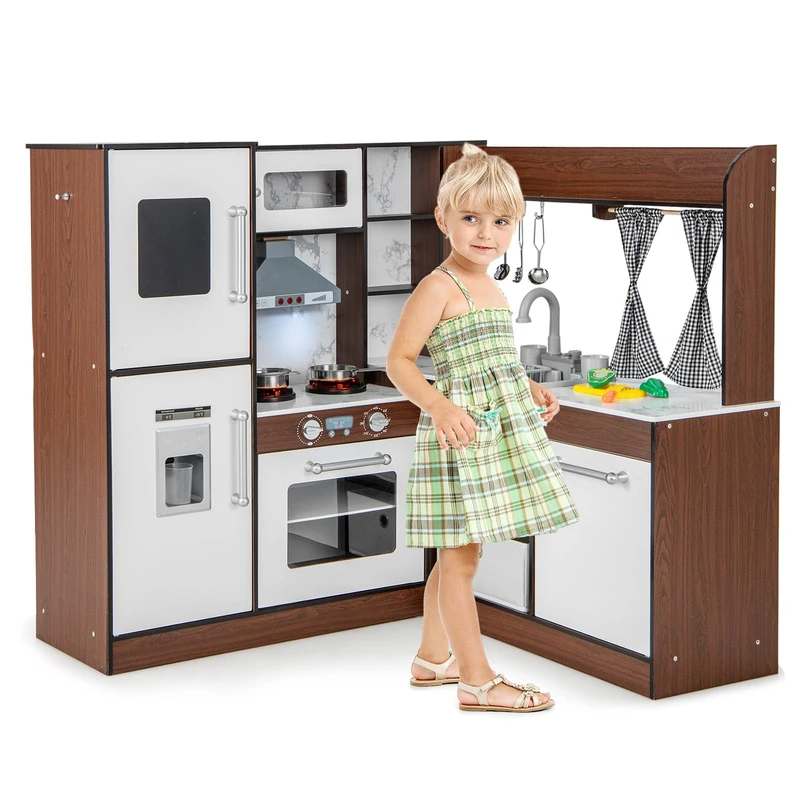 GYMAX Kids Corner Kitchen, Wooden Play Kitchen with Stoves, Microwave, Oven, Telephone, Range Hood, Ice Maker, Chalkboard, Water Circulation System & Lights, Toy Kitchen for 3 + Years Old (Brown)