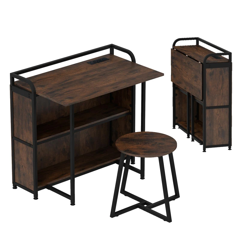 CASART Folding Desk with Stool, 90cm Computer Desk and Stool Set with Charging Station & Storage Shelves, Space Saving PC Laptop Writing Table Chair Set for Home Office (Rustic Brown)