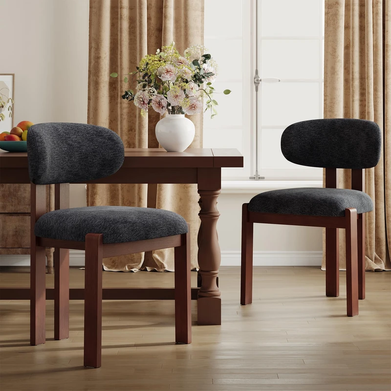 Dining Chairs Set of 2, Upholstered Chenille Dining Room Chairs with Brown Solid Rubber Wood Frame, Soft Cushioned Seat Kitchen Chairs, Modern Nordic Accent Chairs for Dining Room Kitchen,Dark Blue