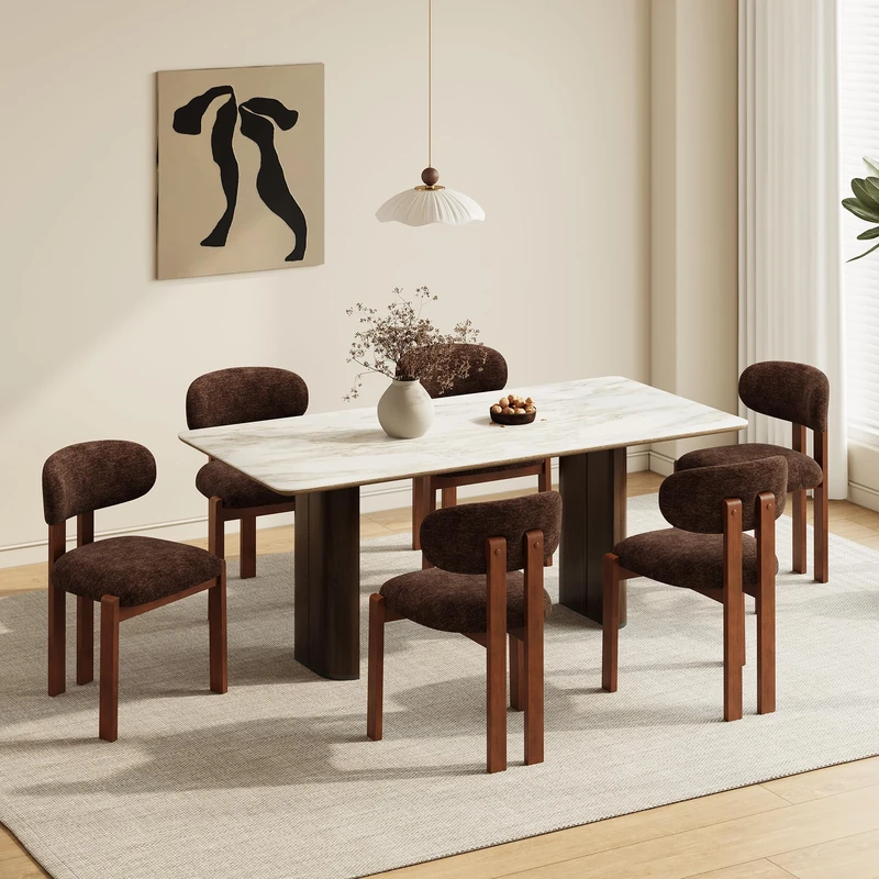Dining Chairs Set of 6, Upholstered Chenille Dining Room Chairs with Brown Solid Rubber Wood Frame, Soft Cushioned Seat Kitchen Chairs, Modern Nordic Accent Chairs for Dining Room Kitchen,Dark Brown