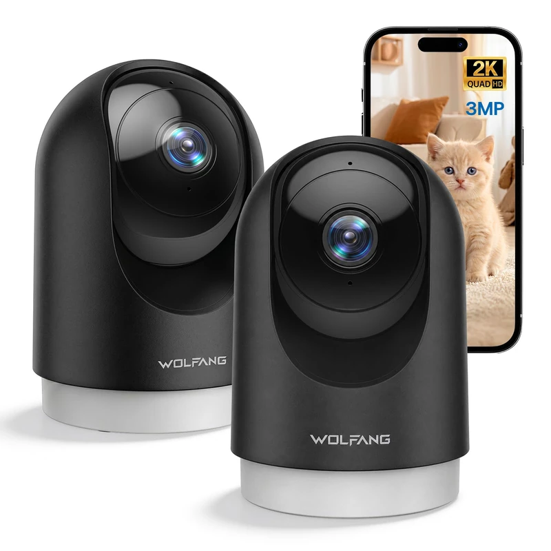 WOLFANG 2K Indoor Camera, Pet Camera with Motion Detection, Wi-Fi CCTV Home Security Camera with Night Vision, Works with Alexa/Google, No Monthly Fee, 2 Pack
