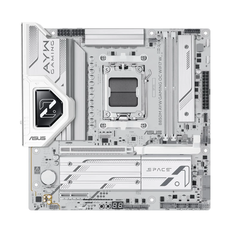 ASUS B850M AYW GAMING OC WIFI7 W, AMD Micro-ATX Motherboard, 12+2+1 Power Phases, DDR5, PCIe 5.0, 3 M.2 Slots, Wi-Fi 7, Realtek 2.5GB Ethernet, USB-C 20 and 10Gbps, BIOS FlashBack, Aura Sync