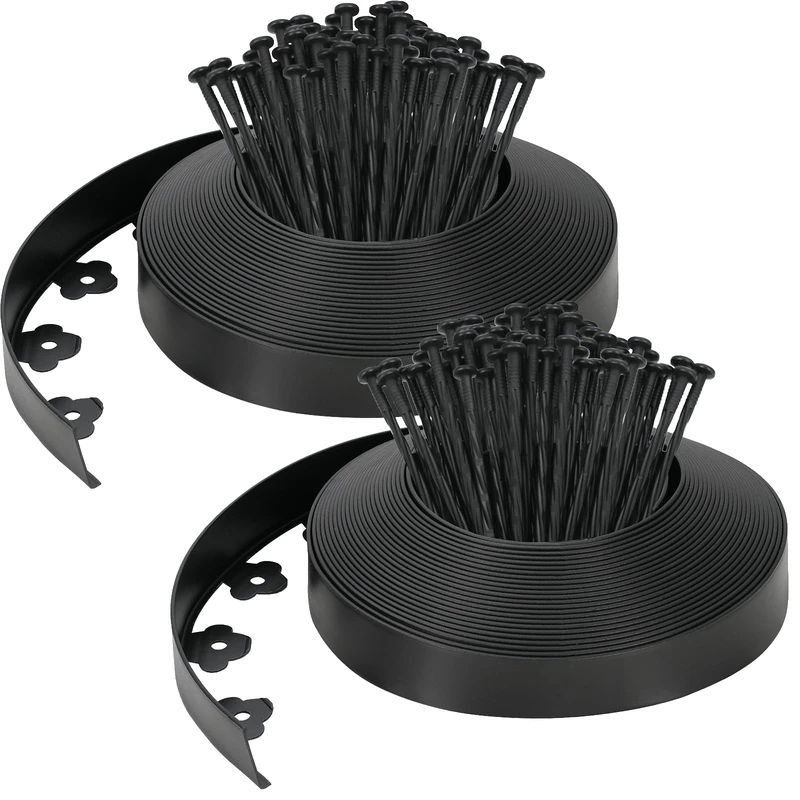 Velway Flexible Plastic Lawn Edging, Length 40 m, Height 5 cm, with 120 Ground Anchors, Black - Flower Bed Edging, Lawn Border for Garden and Paths