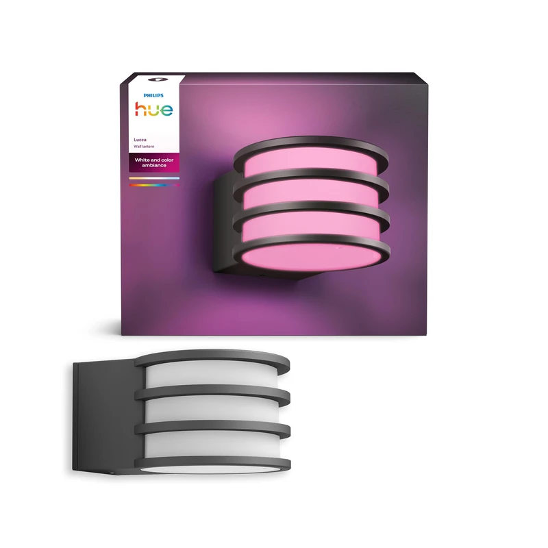 Philips Hue Lucca Outdoor Wall Light, Tunable White and Color Light, Bright 1100 lm, A60 Bulb Included, Dimmable, IP44 Weather-Resistant, Matter Compatible, Zigbee