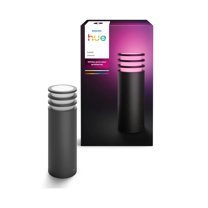Philips Hue Lucca Outdoor Pedestal Light, Tunable White and Color Light, Bright 1100 lm, A60 Bulb Included, Dimmable, IP44 Weather-Resistant, Matter Compatible, Zigbee