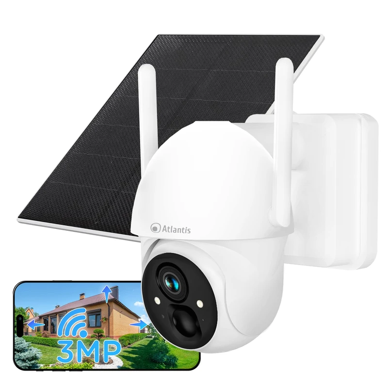 Atlantis Volta Pro PT Wireless Motorized Wi-Fi Camera 3MP, Rechargeable Battery, IR/Led Solar Panel, IP65, 2 Way Audio, Motion Detection, MicroSD Slot, APP, Push Notifications, Cloud