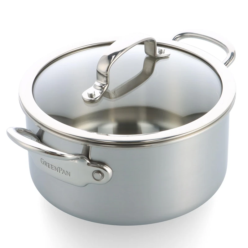 GreenPan Premiere 5PLY 18/10 Stainless Steel Casserole with Glass Lid, 20 cm/3.11 L, Multiply, Polished Stainless Steel, Induction Safe, Dishwasher Safe, Oven Safe, Silver