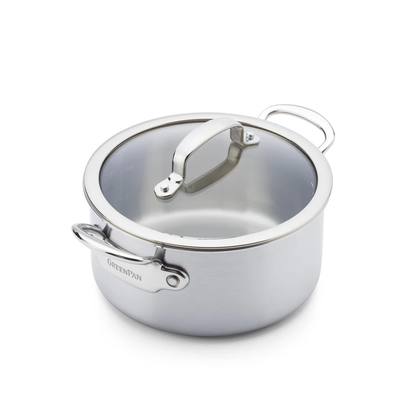 GreenPan Premiere 5PLY 18/10 Stainless Steel Casserole with Glass Lid, 16 cm/1.58 L, Multiply, Polished Stainless Steel, Induction Safe, Dishwasher Safe, Oven Safe, Silver
