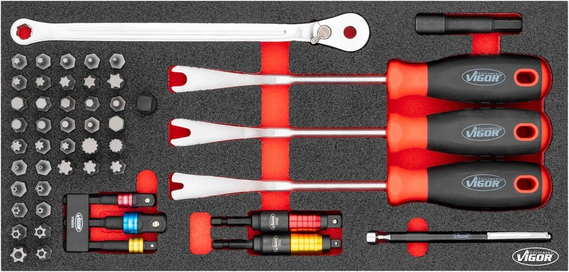 Vigor Tool Set V5090, Module S 393 x 188 x 35 mm, Clip Release Set, Magnetic Lifter, Adapter and Bit Ratchet Wrench