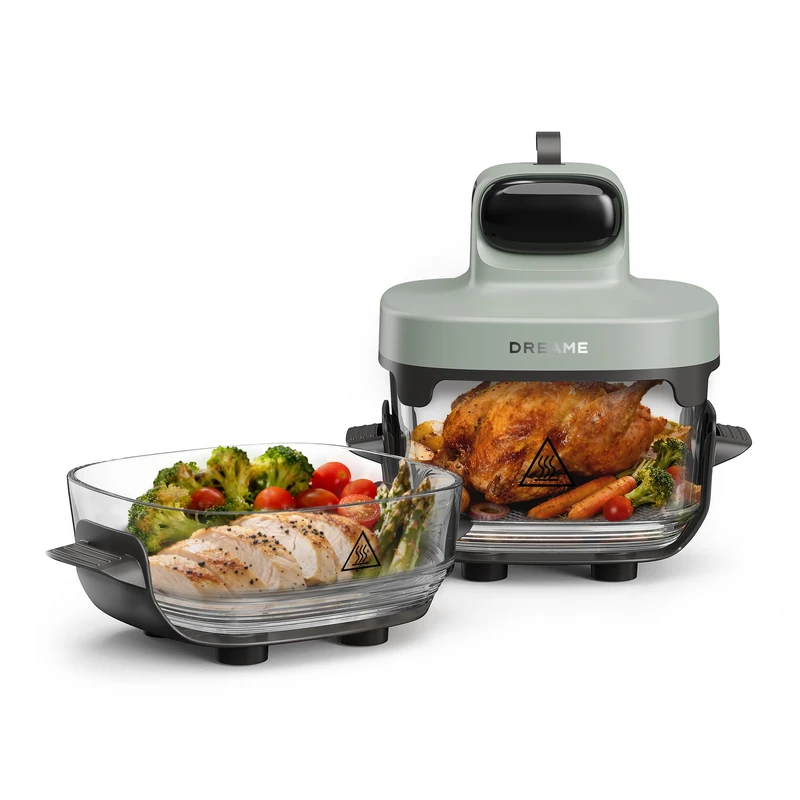dreame Tasti 5-in-1 Portable Glass Air Fryer，Two-Pot setup (2.5L + 4.5L)，6 mm high- borosilicate glass，3D Circulating Hot Air，dishwasher-safe，360° Panoramic View，removable design