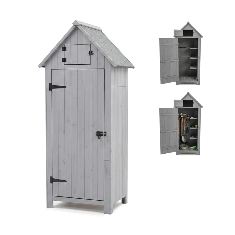 Relaxdays Garden Cabinet with Asphalt Roof, 3 Removable Shelves, Pine, HxWxD: 179x77x53 cm, Grey Tool Shed