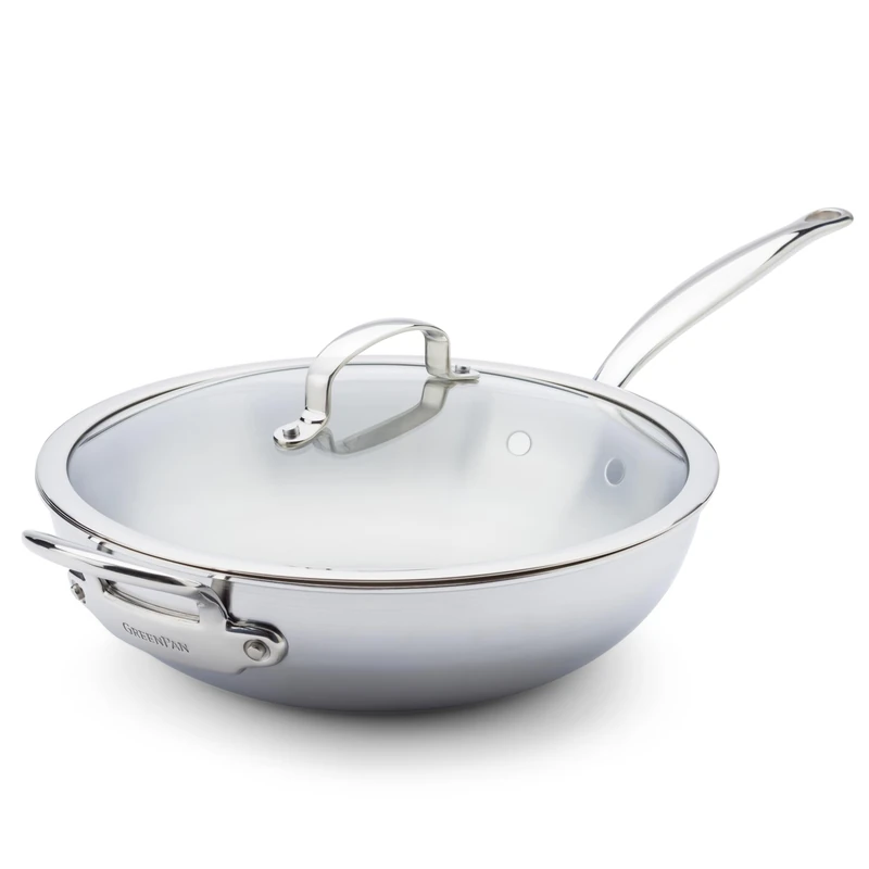 GreenPan Premiere 5PLY 18/10 Stainless Steel Wok with Glass Lid, 30 cm/4.74 L, Multiply, Polished Stainless Steel, Induction Safe, Dishwasher Safe, Oven Safe, Silver - Image 1