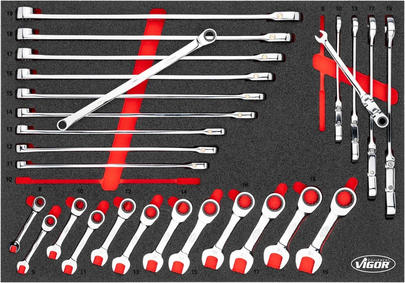 Vigor Ratchet Combination Spanner Set V5041 27-Piece Short, Double Joint and Extra Long in 2K Soft Foam Insert L 563 x 393 mm