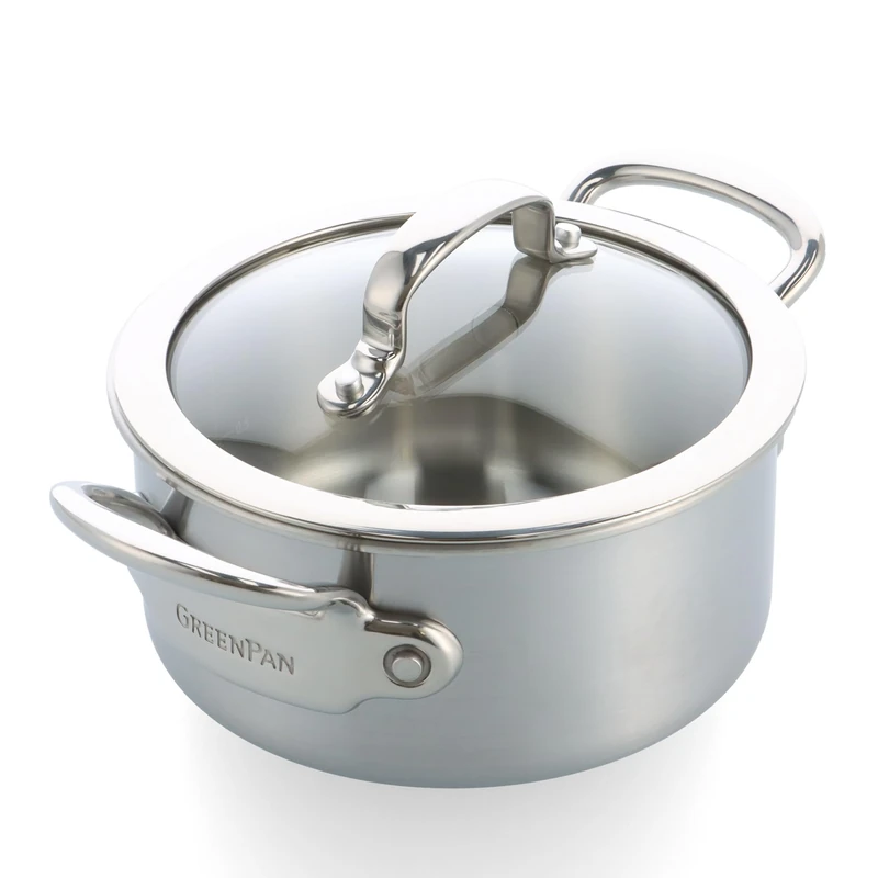 GreenPan Premiere 5PLY 18/10 Stainless Steel Casserole with Glass Lid, 18 cm/2.13 L, Multiply, Polished Stainless Steel, Induction Safe, Dishwasher Safe, Oven Safe, Silver