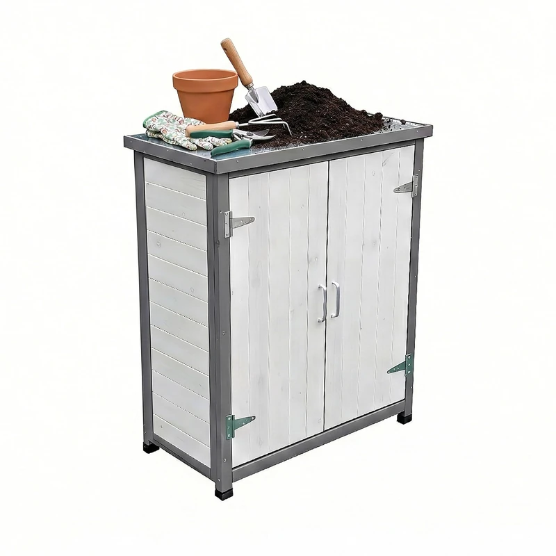 Relaxdays Potting Table with Cabinet, Pine, Galvanised Worktop, 90x75x40cm, Garden Storage, White/Grey