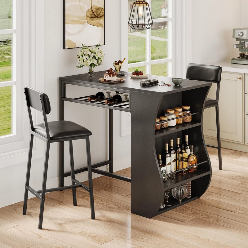 Feonase 3-Piece Bar Table Set, Bar Table with Bar Stools, 2-Tier Storage Shelves & Wine Rack, Bistro Table with 2 Chairs for Dining Room, Black