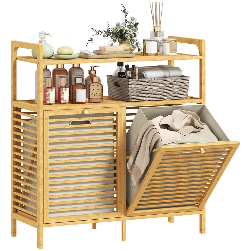 HOMCOM Bamboo Double Tilt Out Laundry Hamper Cabinet, 82L Laundry Basket, Freestanding Bathroom Storage Unit with 2 Removable Bags and 2-Tier Storage Shelves for Washroom, Natural Wood Finish