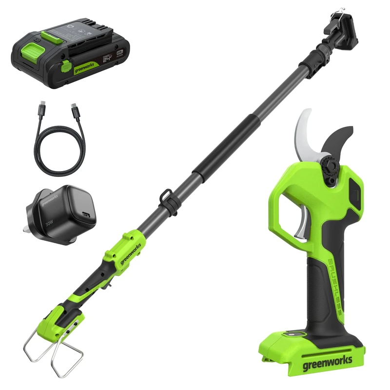 Greenworks 24V Electric Pruning Shears with Telescopic Pole 1.29–2.00m, Brushless Motor, Steel Blades, 22/32mm Opening, LED Display, with 2.0Ah Battery & 30W USB-C Charger LP24BLA1