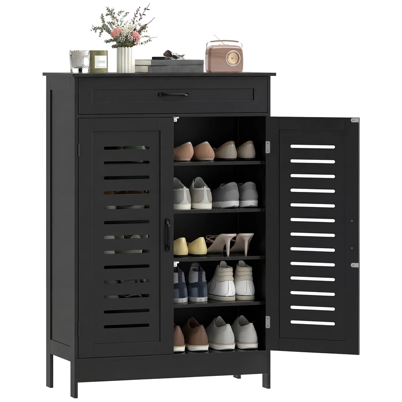 HOMCOM Shoe Cupboard for Hallway, 20 Pair Shoe Storage Cabinet with Louvered Doors, Drawer & Adjustable Shelves, Space Saving Entryway Organiser, Fits up to UK 9.5, Black